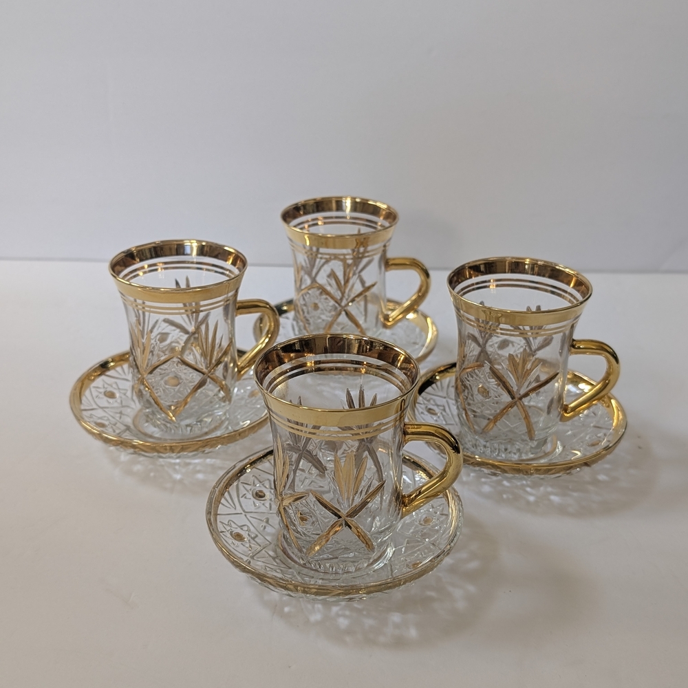 Vintage Turkish Polka Dot Glass Tea Cup Set Of 6 With Saucers